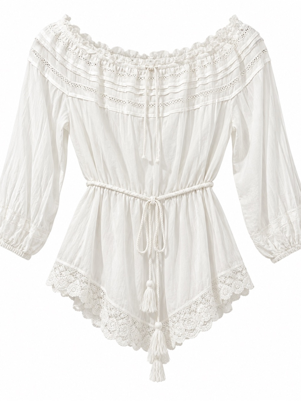 Off-Shoulder White Lace-Trim Peasant Top with Tassel Tie